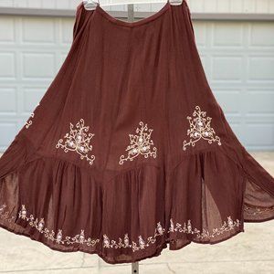 Brown embroidered beaded godet skirt Bila size M